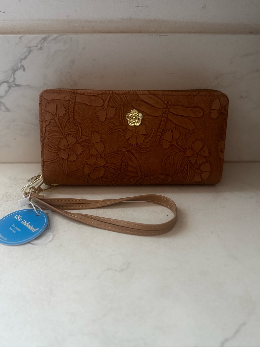NWT- light Tan Embossed Leather Wristlet Wallet with dragonfly and Floral Detail